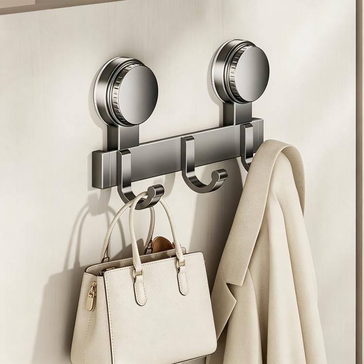 No-drill suction cup hook rack with brushed metal bar, wall-mounted hooks and two round cups