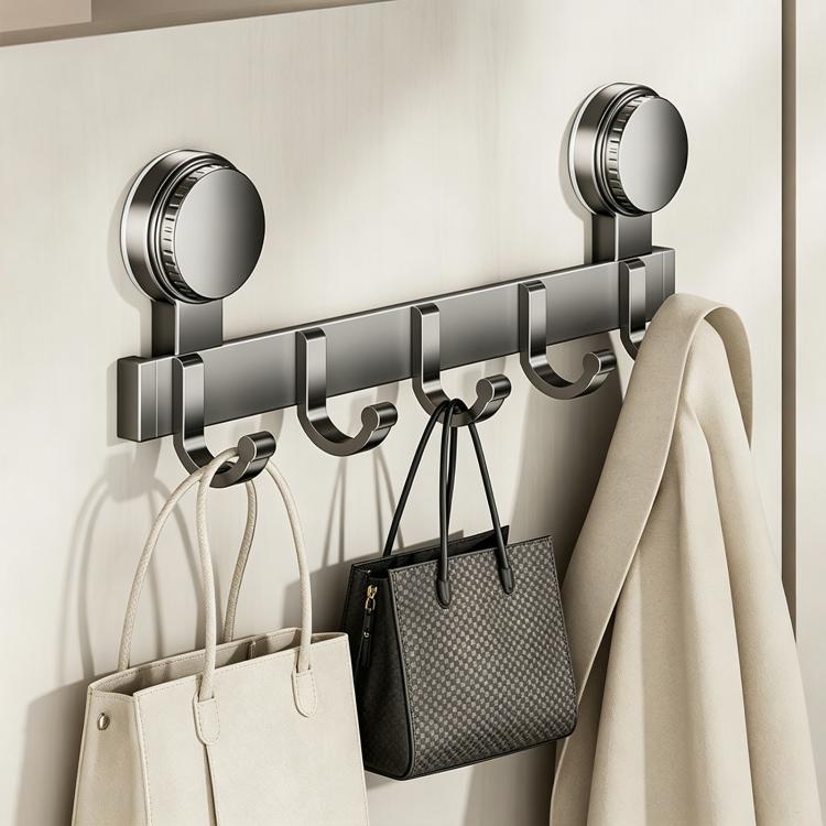 No-drill suction cup hook rack with brushed metal rail and round suction cups for hanging bags