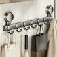 No-drill suction cup hook rack with brushed metal rail and hanging hooks for umbrella and bags