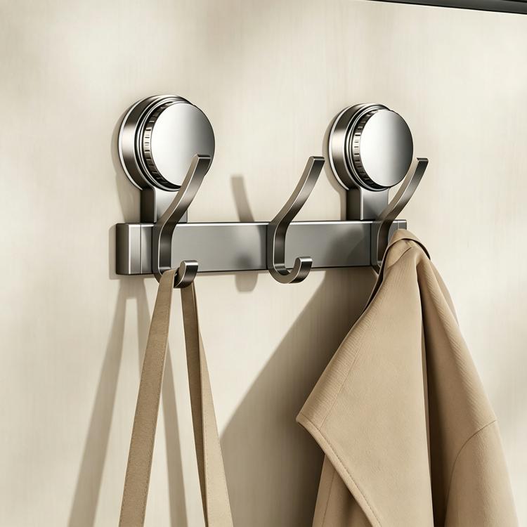 No-drill suction cup coat hook rack with curved metal hooks and two round suction mounts