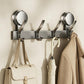 No-drill suction cup hook rack with brushed metal bar, curved hooks, and hanging handbags