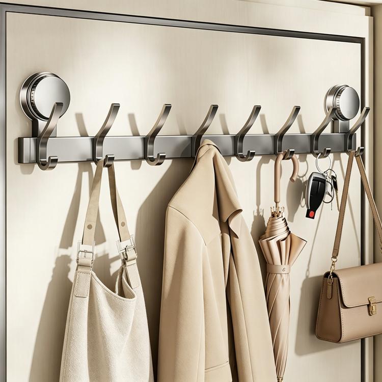 No-drill vacuum suction cup hook rack with chrome hooks and hanging umbrellas and handbags