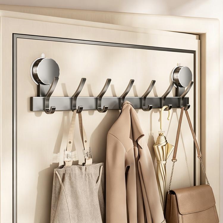No-drill door back vacuum suction cup hook rack with metal bar and multiple hooks