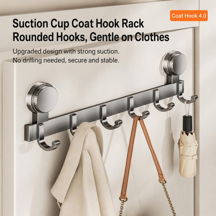 Suction cup coat hook rack with rounded hooks and no-drill door mounting cups
