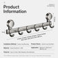 Suction cup hook rack with four hooks, labeled dimensions and suction cup mounting info