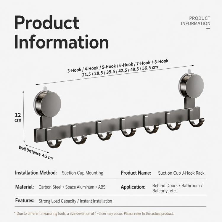 Suction cup hook rack with multiple hooks, wall distance and product information diagram