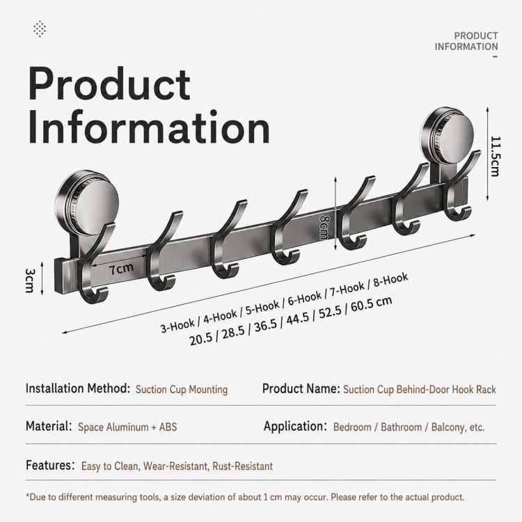 Suction cup hook rack with seven hooks, labeled measurements and behind-door use info