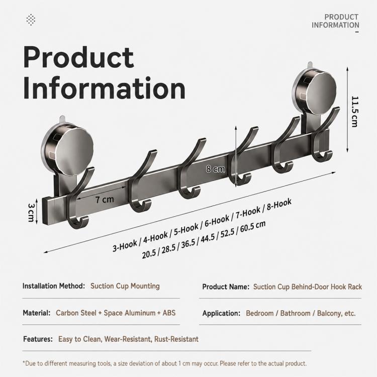 Suction cup behind-door hook rack with multiple hooks and round suction cups, product dimensions