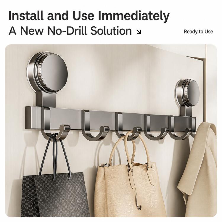 No-drill door back hook rack with two suction cups and multiple curved hooks