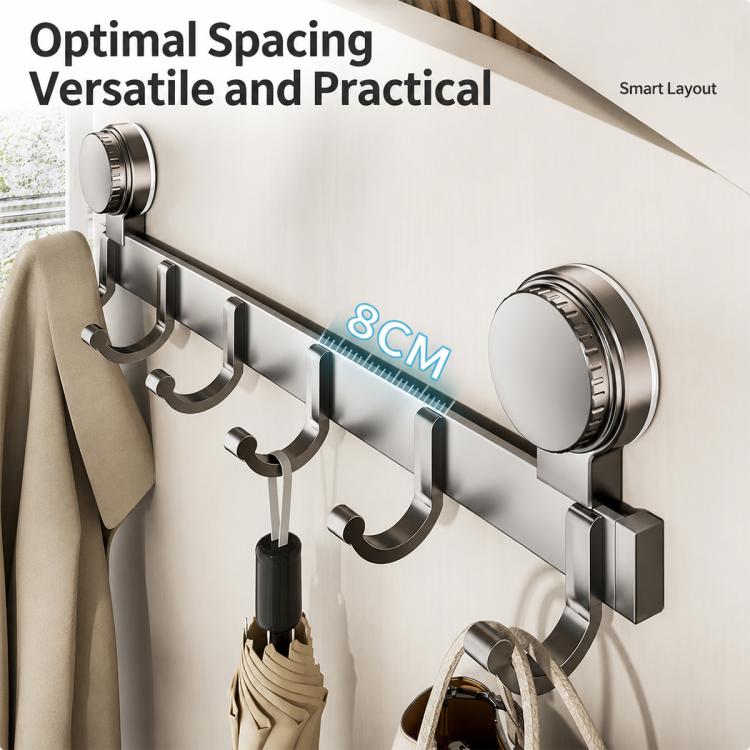 No-drill suction cup hook rack with evenly spaced hooks on a metal bar