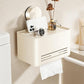 White no-drill suction cup tissue holder with front vents and roll storage shelf