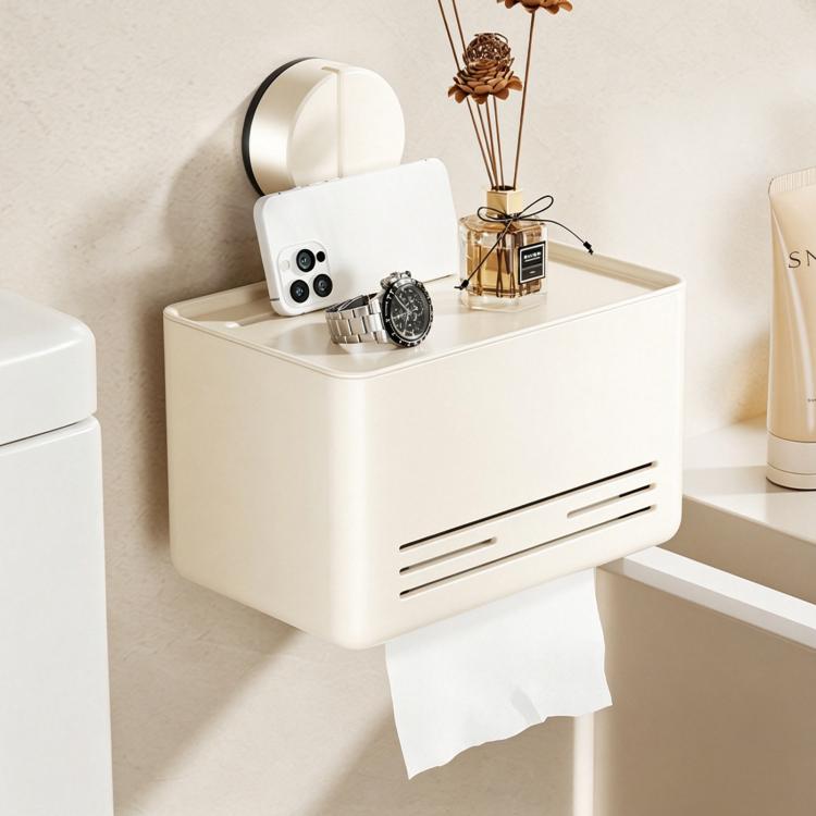 White no-drill suction cup tissue holder with front vents and roll storage shelf