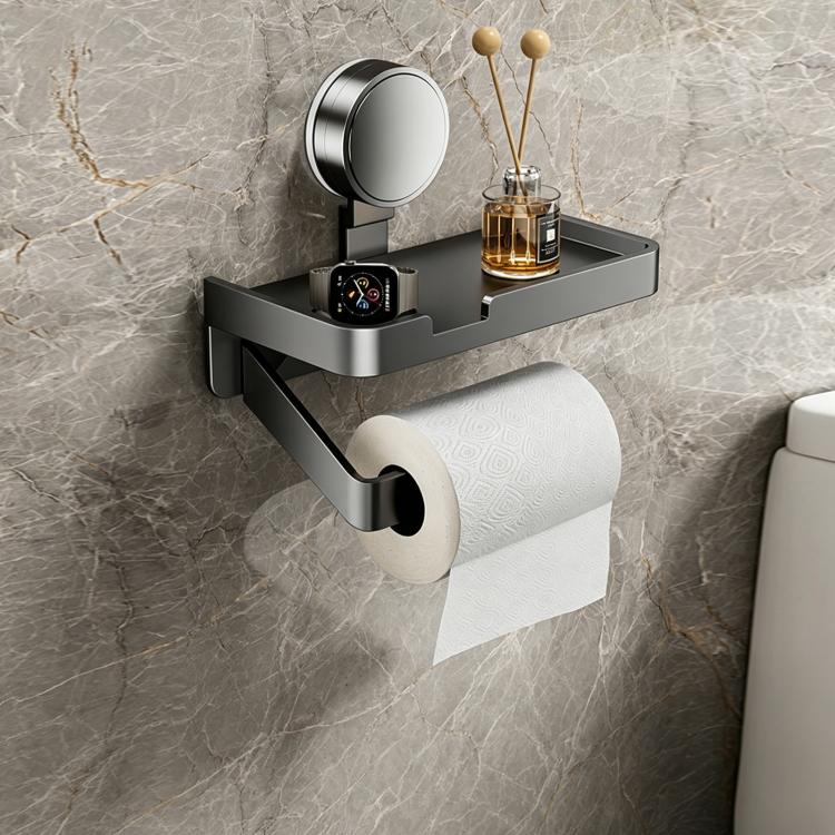 Grey no-drill suction cup tissue holder with extended base and toilet paper roll