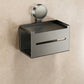 Grey no-drill suction cup toilet paper holder with lidded tray and front slot