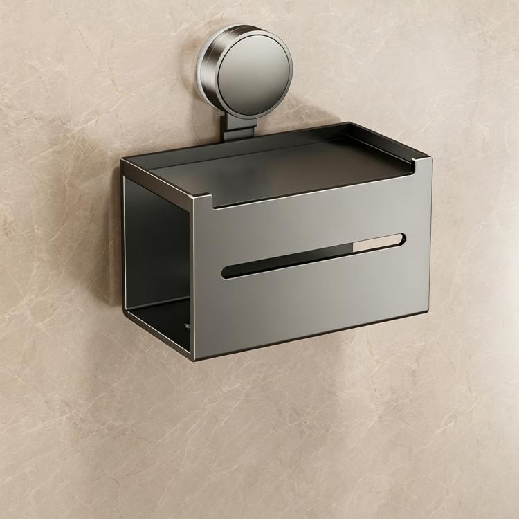Grey no-drill suction cup toilet paper holder with lidded tray and front slot