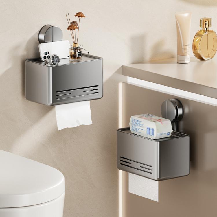 Grey and white no-drill suction cup tissue holders with open shelves and front vents