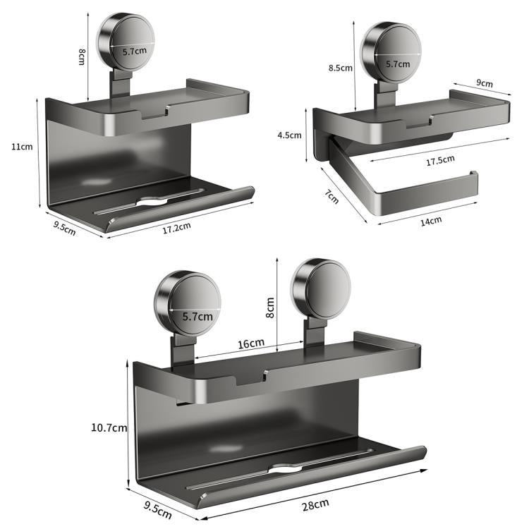 Grey metal dual tissue box holder, suction cup mount with tray and size labels