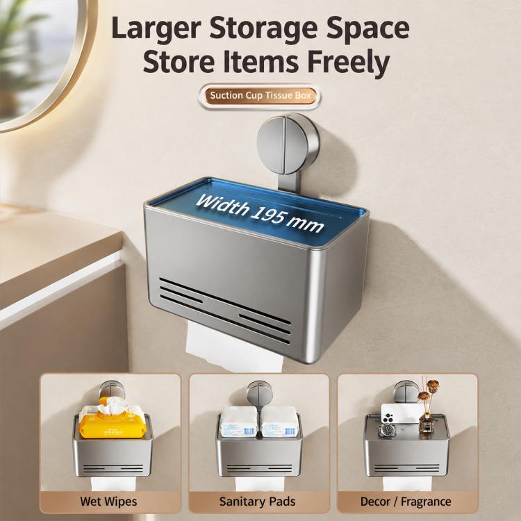 No-drill suction cup tissue box holder, grey metal box with open top and suction mount