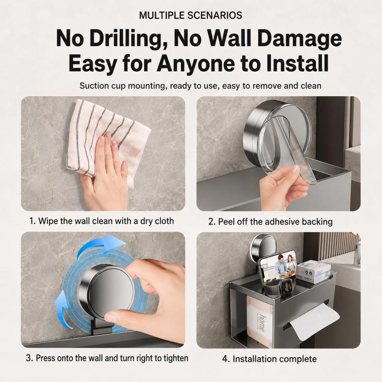 No-drill suction cup tissue box holder, mounting steps with suction cup and box