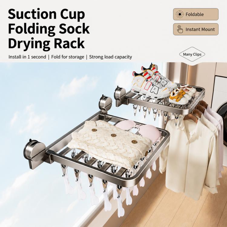 Wall-mounted suction cup folding drying rack with clothespins holding socks and underwear
