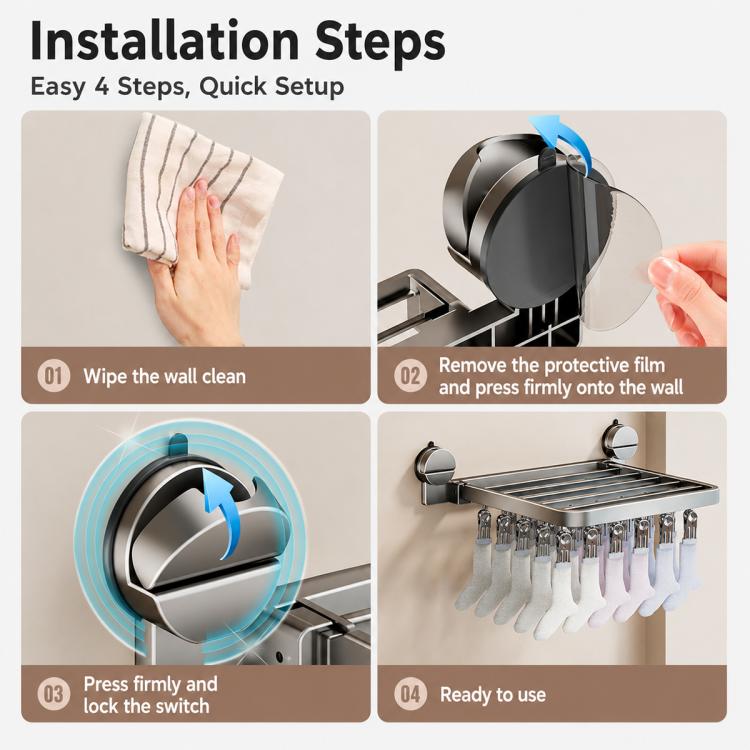 Suction-cup mount laundry drying rack with locking switch and hanging clips
