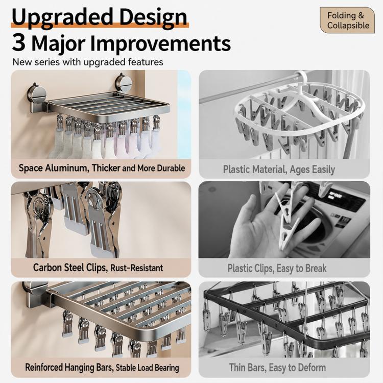 Foldable stainless steel laundry drying rack with multi-clip clothespins on bars