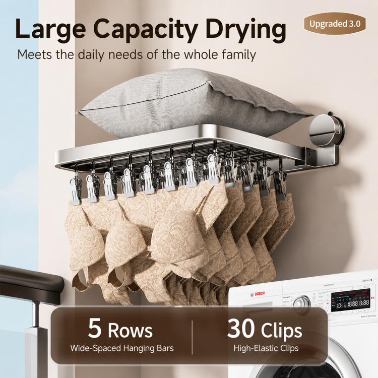 Wall suction cup drying rack with many clips drying socks and underwear
