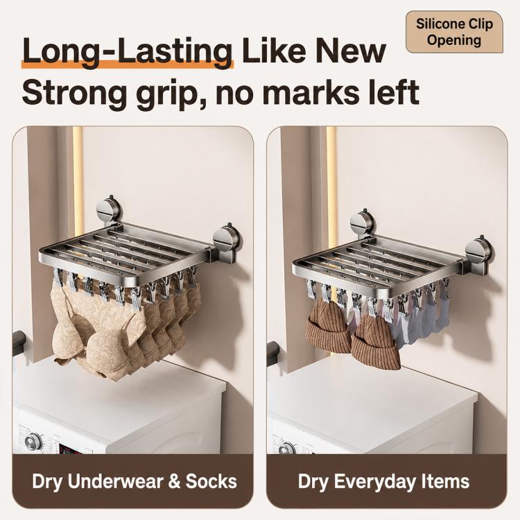 Foldable suction cup drying rack with clothespins for underwear and socks