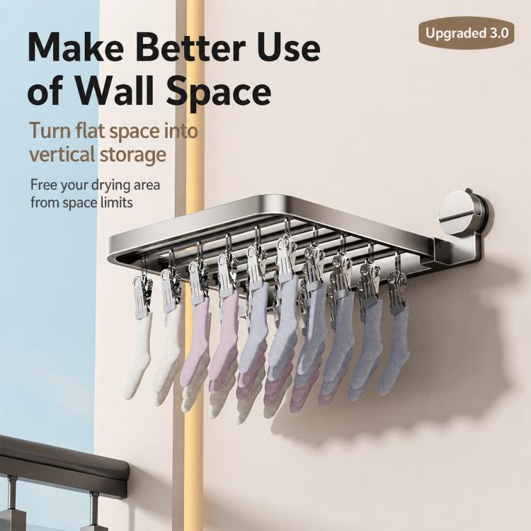 No-drill suction-cup laundry drying rack with metal clips for balcony