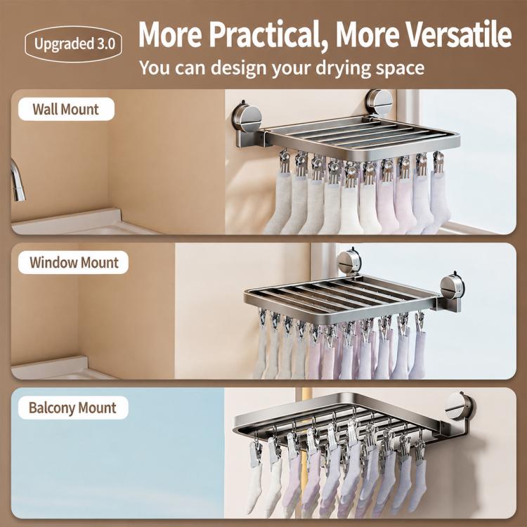 No-drill suction-cup laundry drying rack with multi-clip bar for underwear