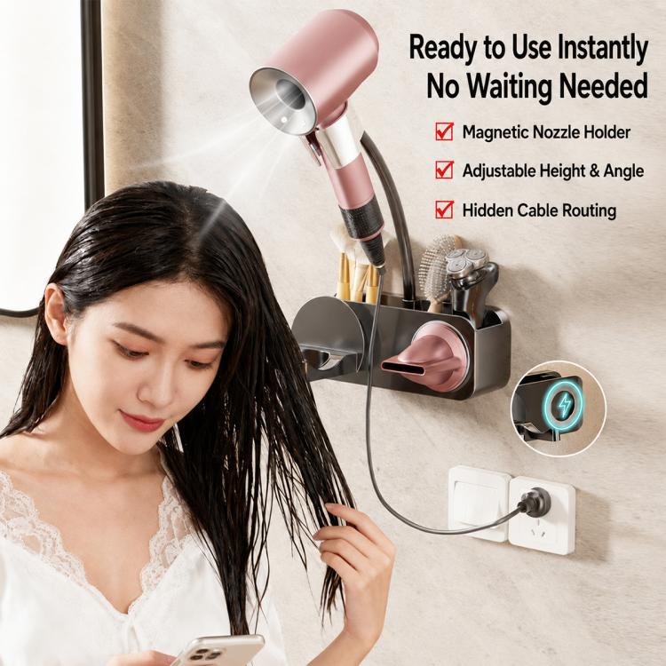 Wall suction-cup hair dryer holder with pink dryer, adjustable cradle and neatly routed cable