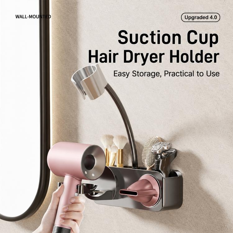 Suction-cup hair dryer holder on wall with pink dryer and metal nozzle stand