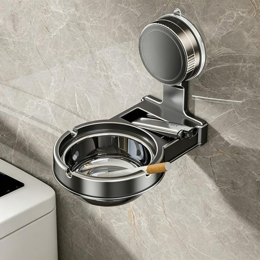 Grey wall-mounted suction cup ashtray with removable round ash bowl and holder