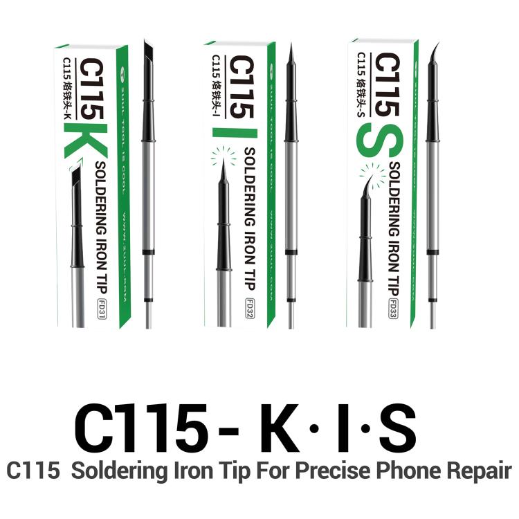 Set of three C115 soldering iron tips in boxes, slender metal shafts with black points