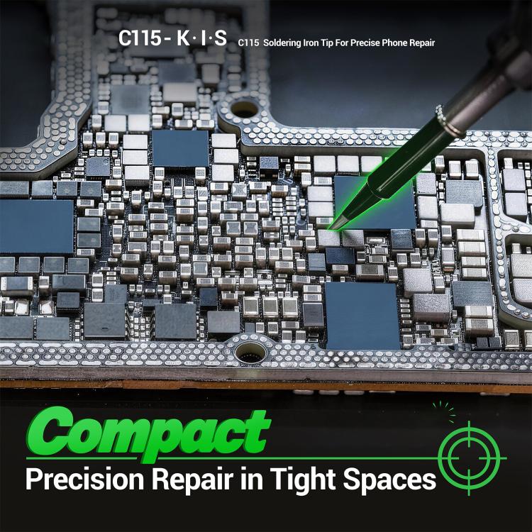 Soldering iron tip repairing a smartphone circuit board, fine black point on metal shaft