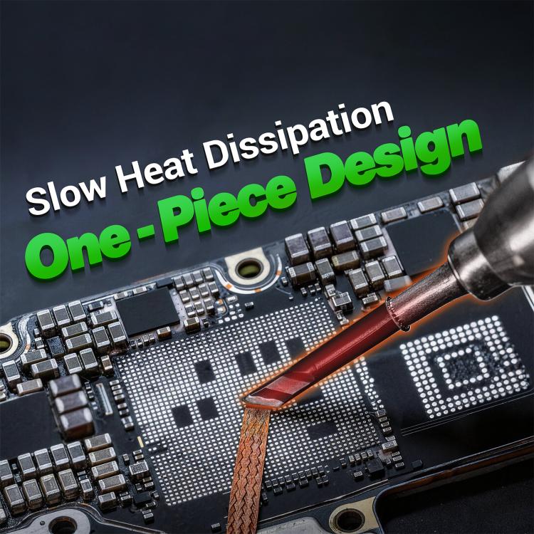 Soldering iron tip on smartphone circuit board, fine needle point on metal shaft