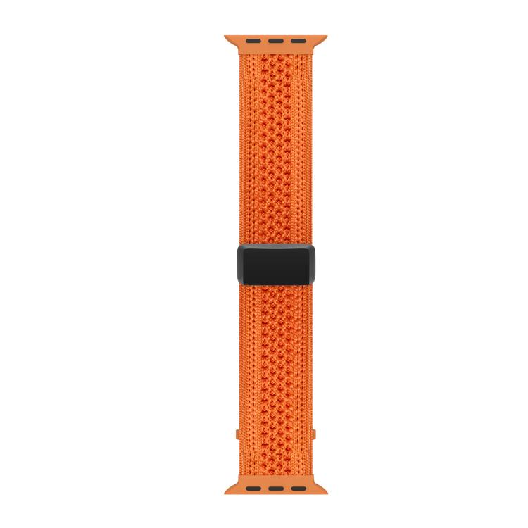 Orange knitted nylon watch band laid flat with a black magnetic buckle