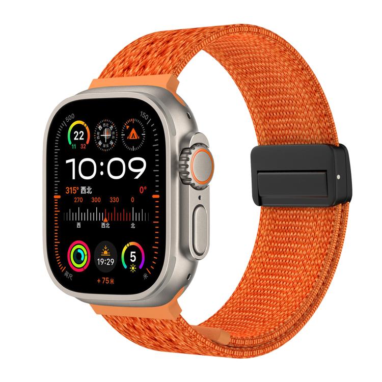 Orange braided nylon watch band with black magnetic buckle