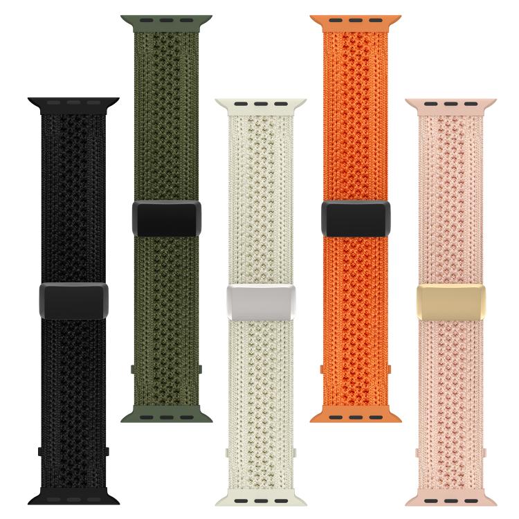 Five knitted nylon watch bands in black, army green, starlight, orange, and pale pink