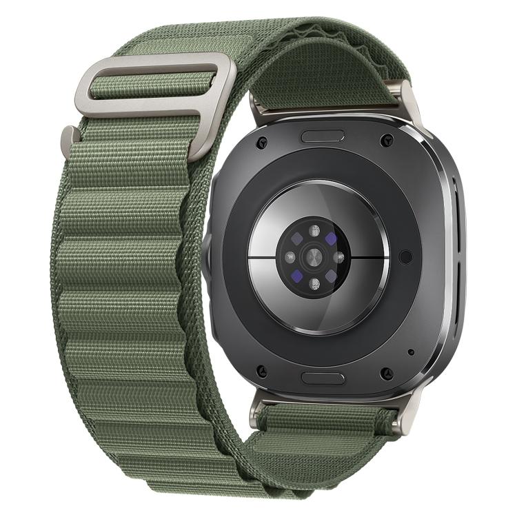 Olive green nylon loop watch band with silver buckle, shown attached to a smartwatch