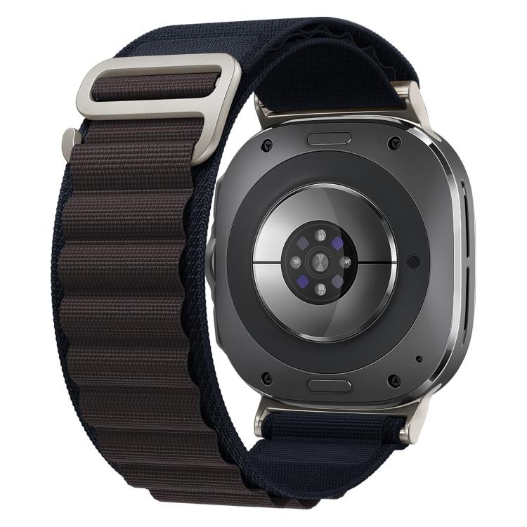 Midnight blue nylon loop watch band with silver buckle, shown attached to a smartwatch