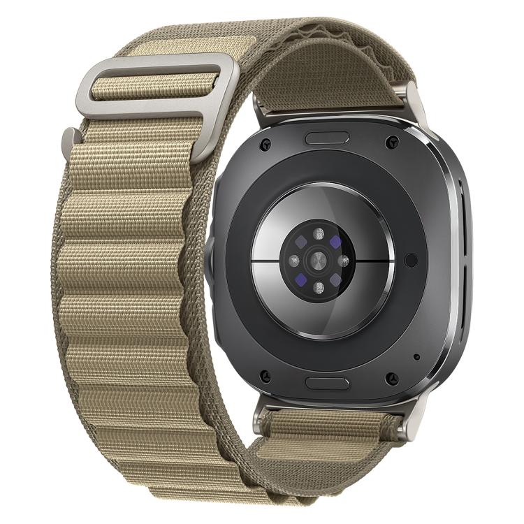 Khaki nylon loop watch band with silver buckle, shown attached to a smartwatch