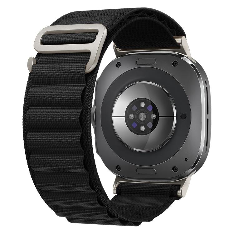 Black nylon loop watch band with silver buckle, shown attached to a smartwatch