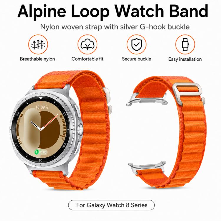 Orange nylon watch band with silver buckle shown on a watch and by itself
