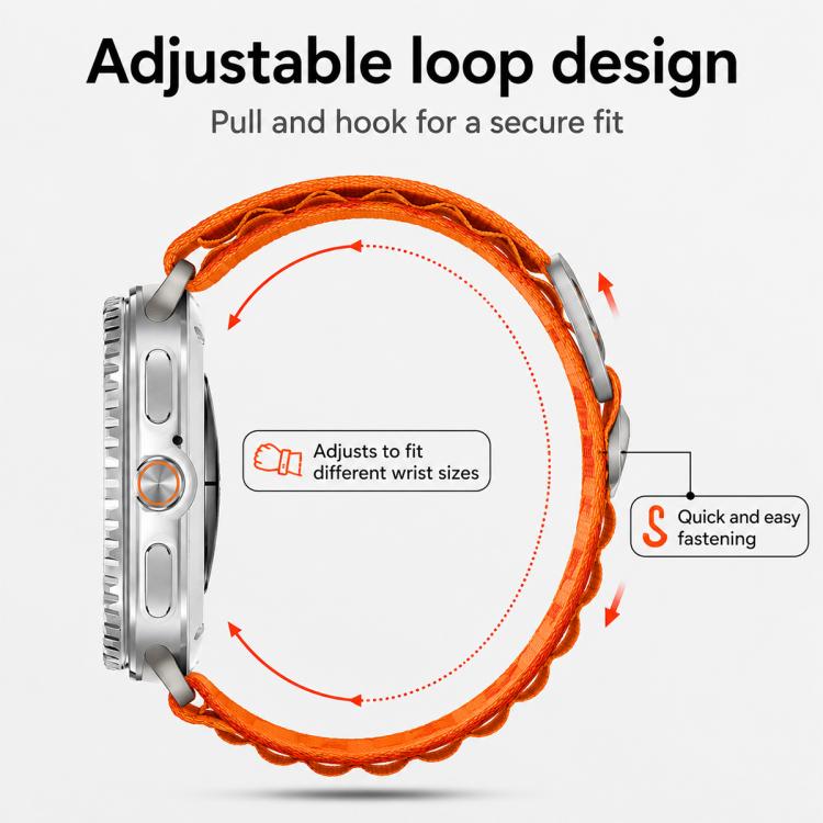 Orange adjustable loop nylon watch band shown wrapped around a watch