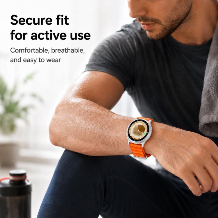 Orange nylon watch band worn on a wrist