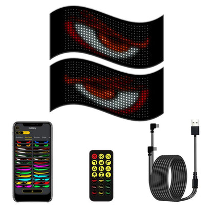 Flexible LED matrix display screen with black backing and red/orange wavy eye pattern
