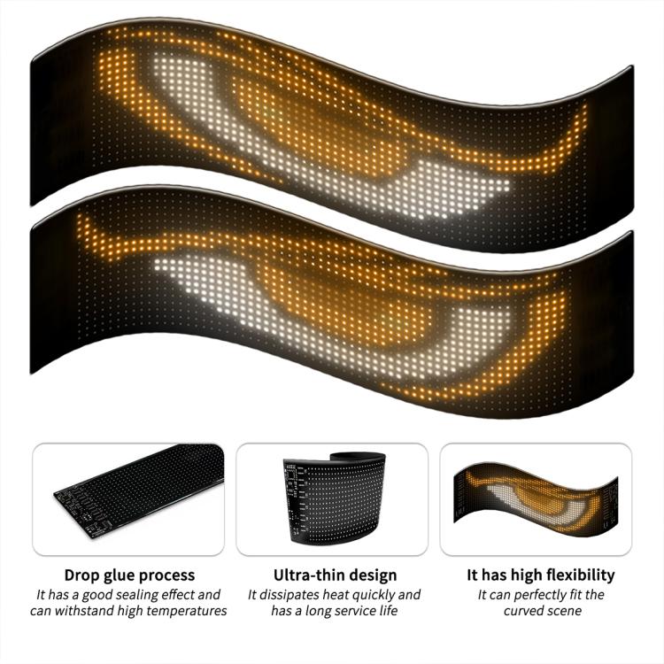 Flexible LED matrix display screen with black backing and warm white/orange wavy eye lights