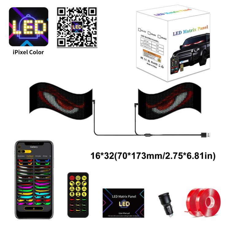 16x32 flexible LED matrix panel kit with remote, phone app, and USB cables