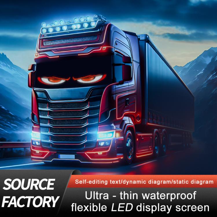 Truck with colorful flexible LED display featuring glowing red, blue, and white eye lights
